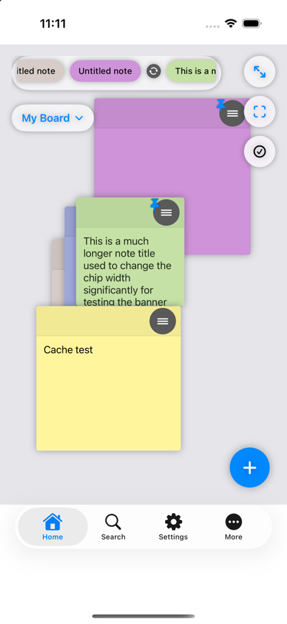 Tackboard home canvas with sticky notes