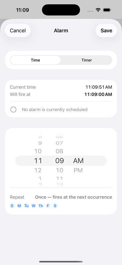 Tackboard alarm setting screen