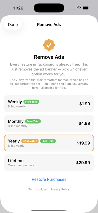 Tackboard Remove Ads paywall