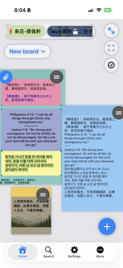 Tackboard note with text recognized from photos in five languages, merged into Extracted Text
