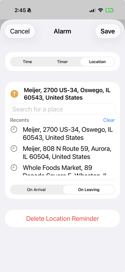 Tackboard Location Reminder with a place selected and On Arrival/On Leaving toggle