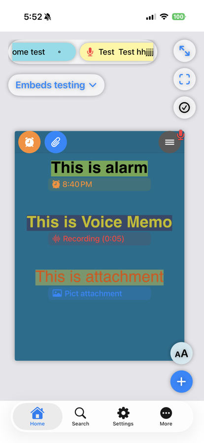 Tackboard note with inline references to an alarm, voice memo, and attachment